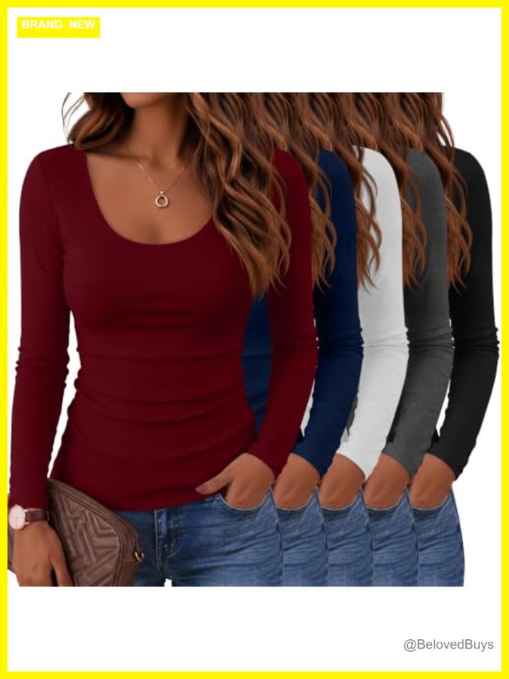 Women's 5 Pack Long Sleeve Fitted Scoop Neck T-Shirts Stretch Slim Fit
